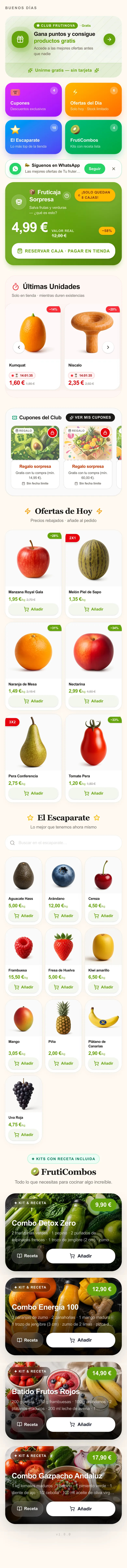 La portada de una frutería en FrutiNova: club de puntos, cupones, ofertas del día, combos con receta y una caja sorpresa de fruta y verdura a 4,99 €